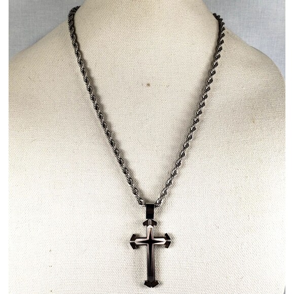 Vintage Stainless Steel 3D Cross Pendant Thick 23" Rope Necklace - Picture 2 of 16